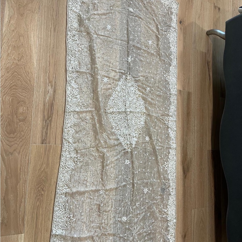 Sheer hand beaded champagne table cover